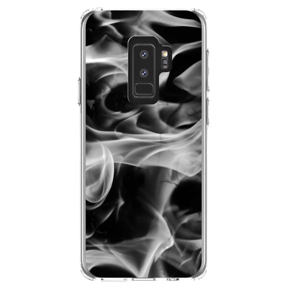 DistinctInk Clear Shockproof Hybrid Case for Samsung Galaxy S9  PLUS (6.2" Screen) - TPU Bumper, Acrylic Back, Tempered Glass Screen Protector - Grey Black Flame Fire - Printed Image of Fire