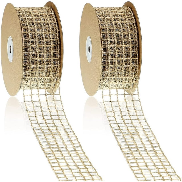 LEEYNEER 2 Rolls 20 Yards By 2.5 Inch Christmas Mesh Burlap Wired Ribbon Open Weave Net Natural Fabric