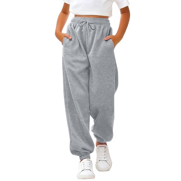 CPNG Girls Daily Baggy Straight Leg Sweatpants High Waist Elastic Waist Solid Color Wide Leg Athletic Workout Casual Pants Joggers(Light Ashy,5-6 Years)