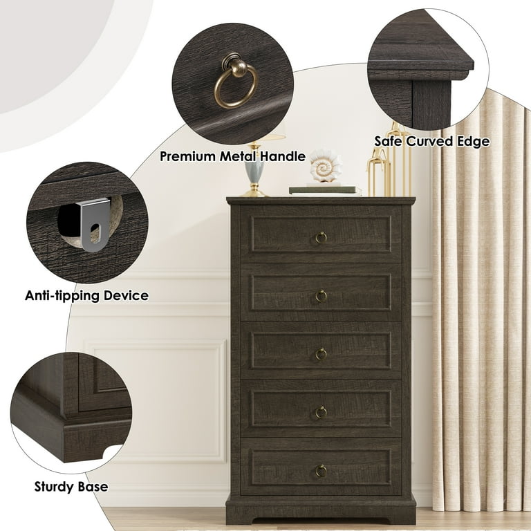 Homfa 5 Drawer Tall Dresser, Chest of Drawers Storage Cabinet for Bedroom Living Room, Dark Brown Homfa 5 Drawer Tall Dresser, Chest of Drawers Storage Cabinet for Bedroom Living Room, Dark Brown