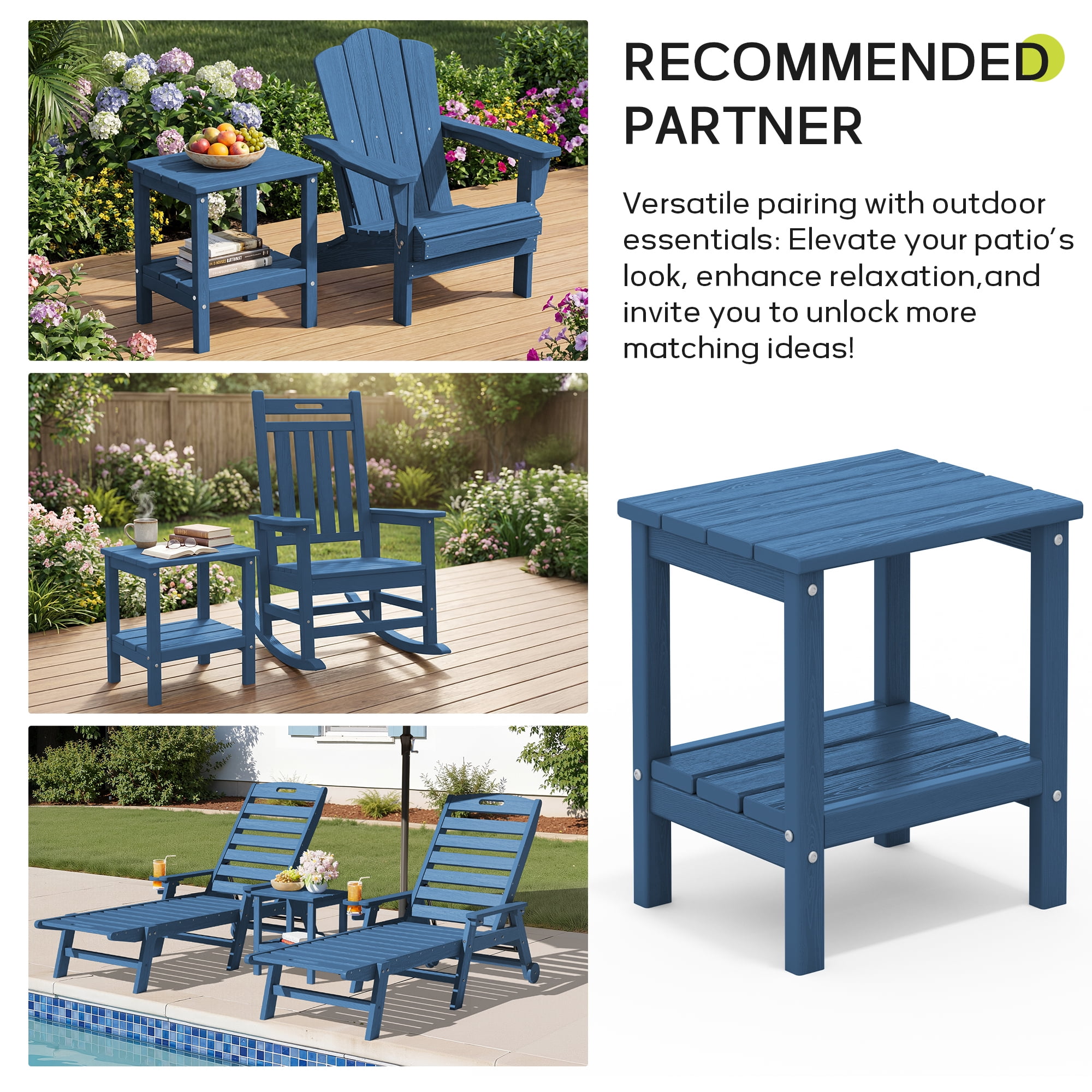 FUNDAZE HDPE 2-Layer End Table for Living Room, Outdoor Side Table, Patio Small End Table, Navy Blue