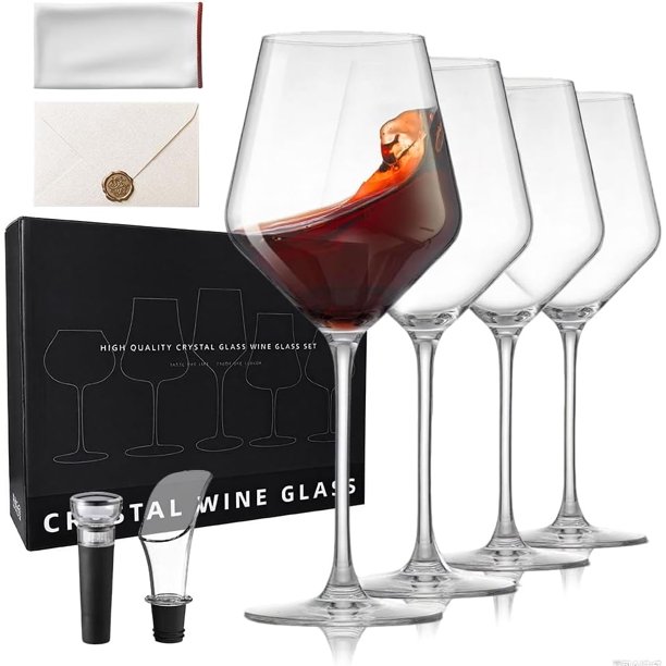Juego de 4 Copas de Vino de Tallo Largo, Copas de Vino Tinto, Vaso de Cristal Soplado a Mano Regalo Ideal para Amantes del Fiesta Cumpleaños Uso diario (16oz/490ml), Viene con tarjeta de felicitación