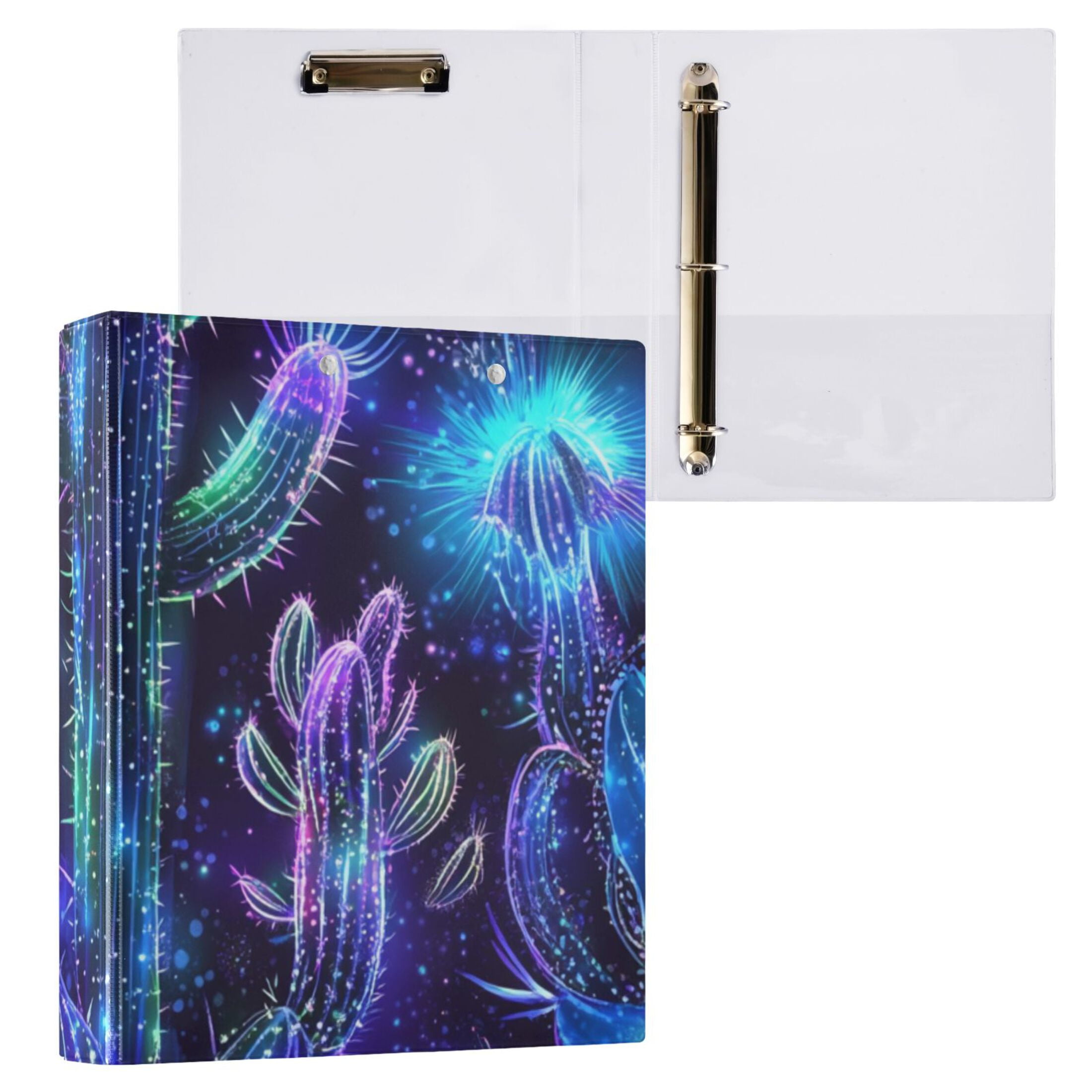 Glowing Cactus Flowers 3 Ring Binders 1.5 inch Hardcover File Folders with Interior Pockets A4 Size Organizer for School Office Hospital