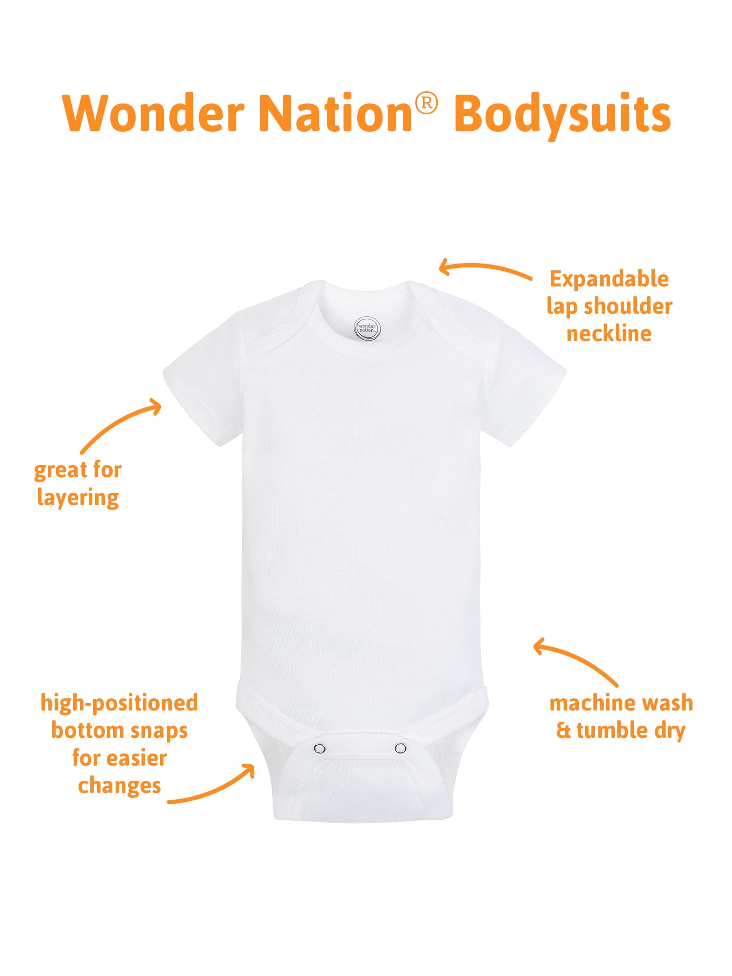 Wonder Nation Baby Neutral Cotton White Short Sleeve Bodysuits, 6-Pack, Newborn-24M