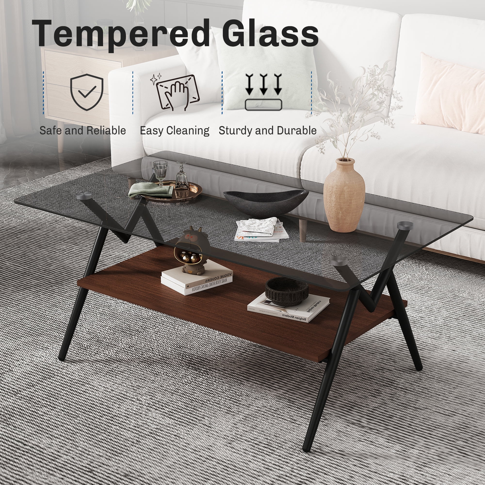 Leumius Glass Coffee Table with Lower Shelf,Clear Rectangle Glass Coffee Table, Modern Coffee Table with Metal Legs for Living Room,Brown +Gray