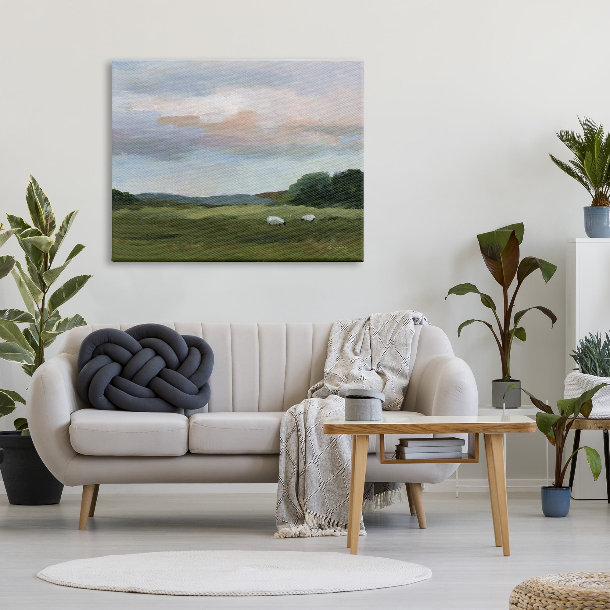 Stupell Industries Sheep in Country Field Landscape Painting Gallery Wrapped Canvas Art Print Wall Art, 48 x 36