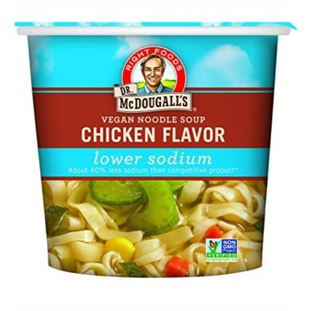 dr. mcdougall's right foods vegan chicken flavor noodle soup light sodium, 1.4 ounce cups (pack of 6) non-gmo, no added oil, paper cups from certified sustainably-managed forests