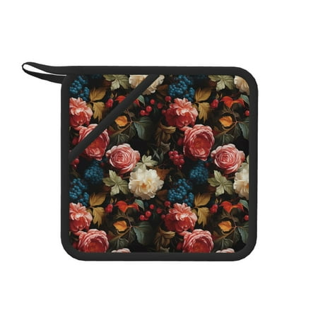 

1 PCS Pot Holders for Kitchen - Heat Resistant Silicone Pot Holders with Hanging Loop Rose Flowers Grape Non Slip Oven Hot Pads Potholders for Decor Baking Cooking Kitchen