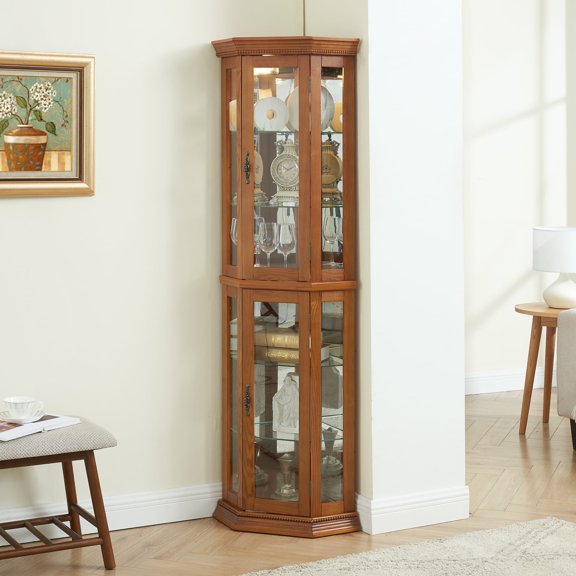 Corner Curio Cabinet Lighted Corner Display, Glass Display Shelf Shelving Bar cabinet w/Tempered Glass Door, Bar Cabinet,Cabinet w/Adjustable Shelf Glass Cabinet Shelves Bead Bulb Included OAK 06801