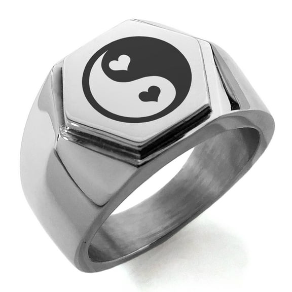 Stainless Steel Love Heart Yin Yang Engraved Hexagon Crest Flat Top Biker Style Polished Ring