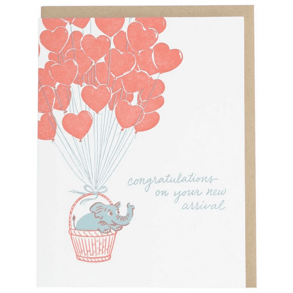 Congratulations Card for New Arrival – Cute Elephant with Heart Balloons – Blank Inside – Perfect Baby Shower or Newborn Gift
