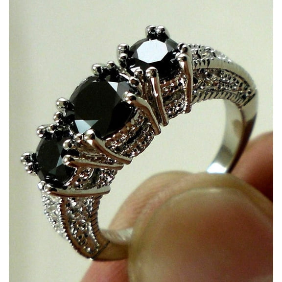Aishvi Jewels 3 Ct Round Simulated Black Diamond Three-Stone Engagement Ring 14k White Gold Plated 925 Sterling Silver