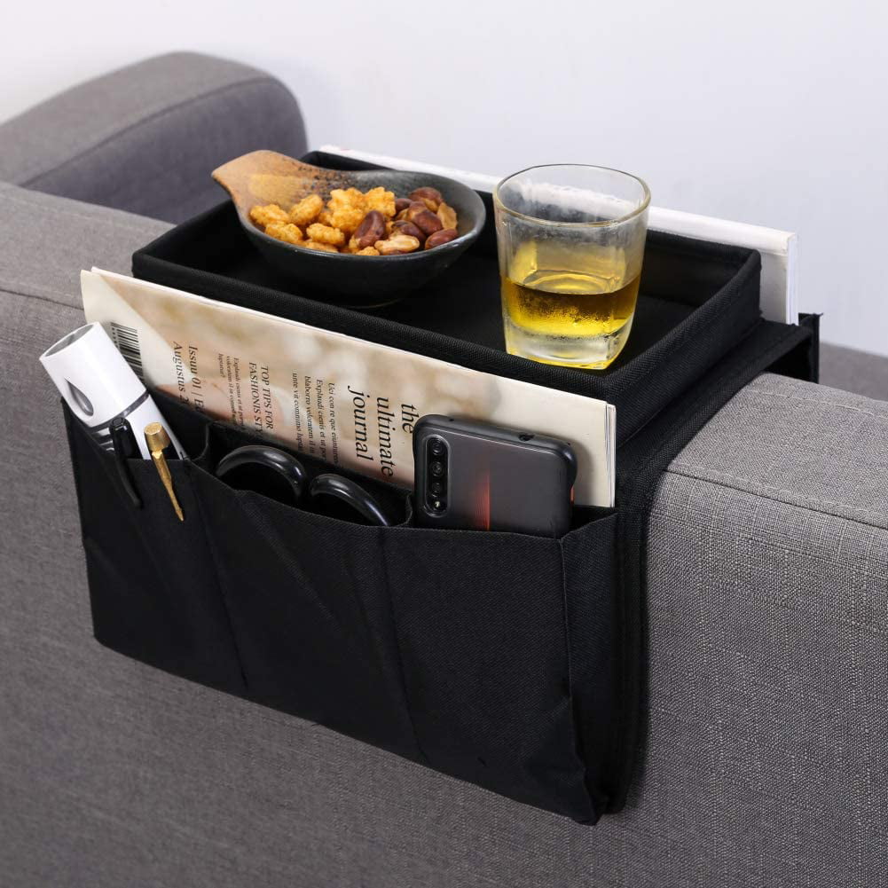 Sofa Armrest Organizer Armchair Caddy Hanging Sofa Storage Bag TV Remote Control Holder Storage Pouch with Cup Holder Tray for Phone Drinks Snacks 6 Pockets Books Glasses Magazines Tablet 