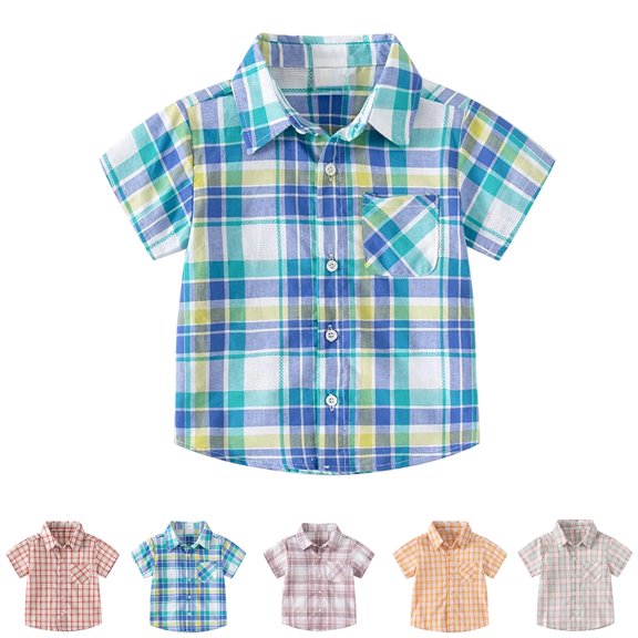 XINXIAOO Toddler Boys Short Sleeve Button Up Shirt Blue Casual Short Sleeve Shirt Fashion Woven Plaid Striped Summer Beach Shirt 2T