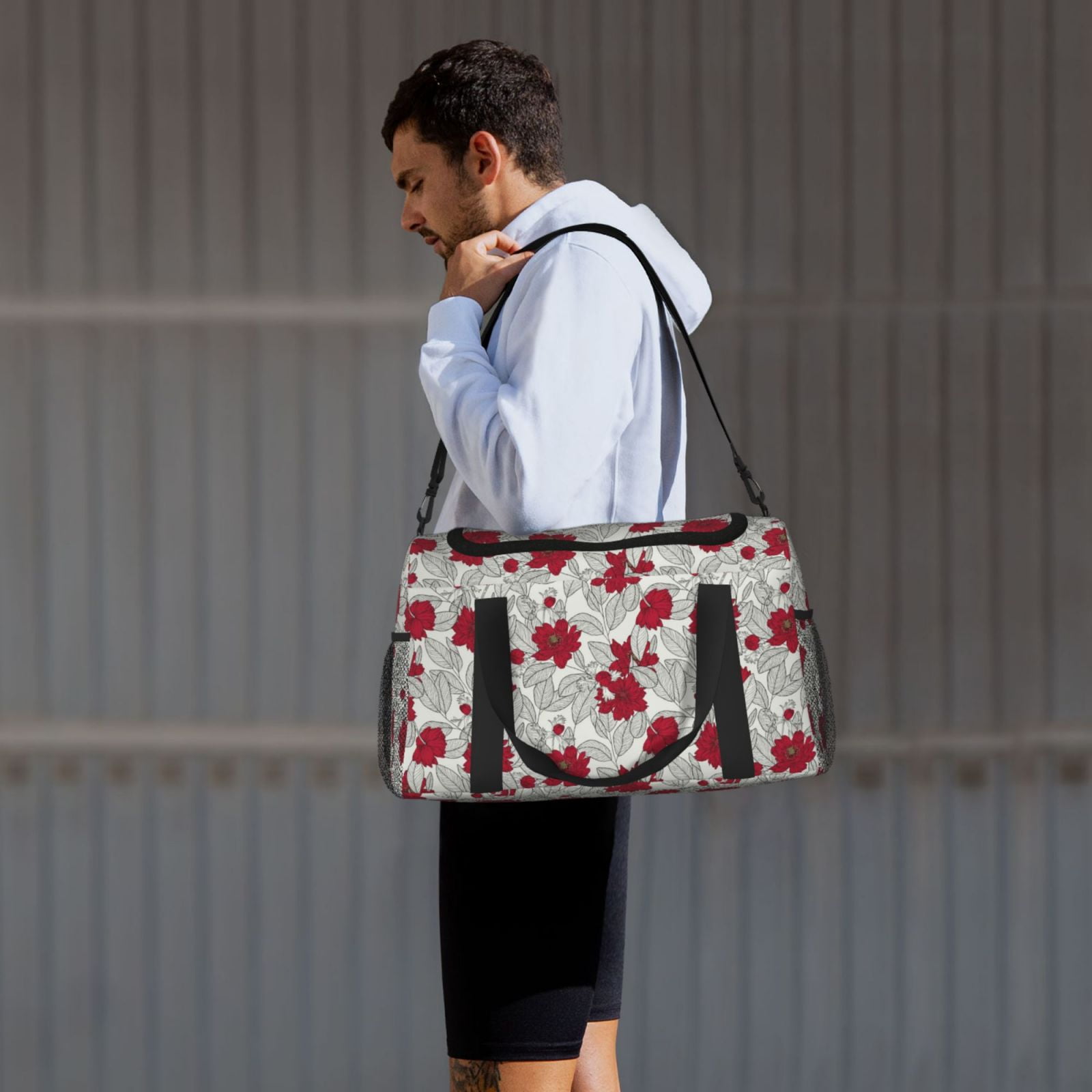 Fuzoiu Leaves And Anemone Flowers In Red Grey Print Travel Duffle Bag,Carry On Tote Bags,Duffel Bag,Sport Gym Bag, Hospital Bag for Labor and Delivery, Overnight Bag,Luggage Bag
