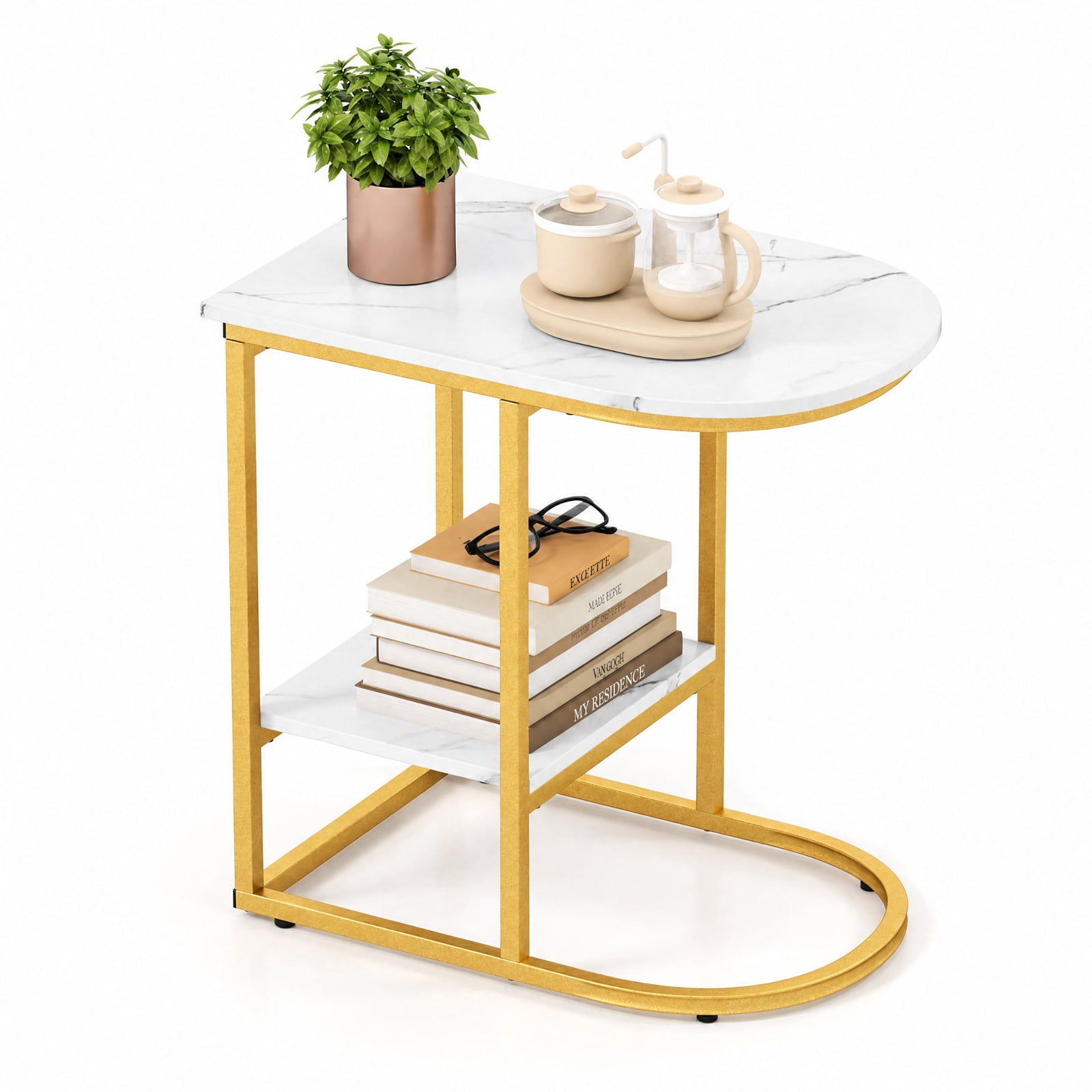 Furnibear C Shaped Modern Sofa Side Table with Faux Marble Tabletop and Two Tier Storage Shelf for Living Room Bedroom and Lounge, White