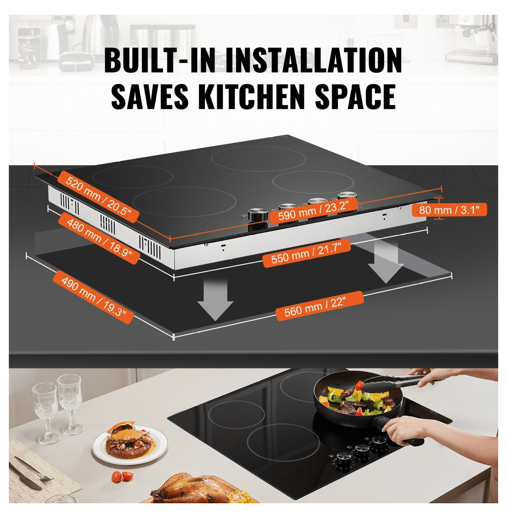 Electric Cooktop 4 Burners 23.2x20.5 inch, Ceramic Radiant Cooktop Built-in, 6000W Professional Stove with 11 Level Control, Stainless Steel