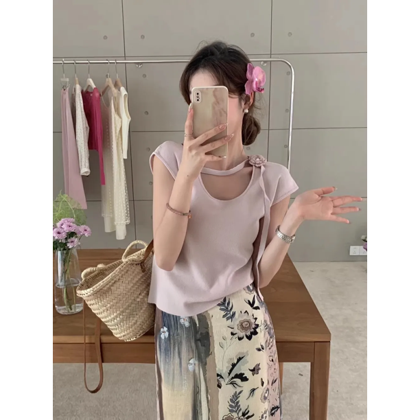 Camiseta de verano para mujer con cuello redondo, manga corta y flores hasta la clavícula, estilo coreano, con estampado de limón