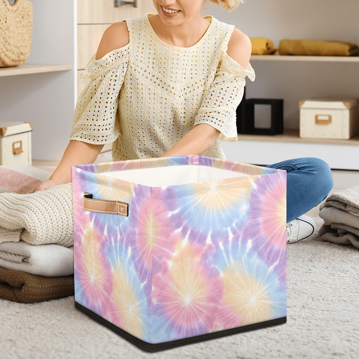 CURLYOOT Watercolor Tie Dye Cube Storage Bin, 13 x 13 x 13 Storage Cube Bins for Organizing, Fabric Foldable Closet Baskets with Handles for Closet, Shelves, Clothes