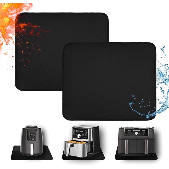 2 Pack Heat Resistant Mats for Air Fryer & Countertop, 15" x 18" Fireproof Silicone Protector & Appliance Slider, Black