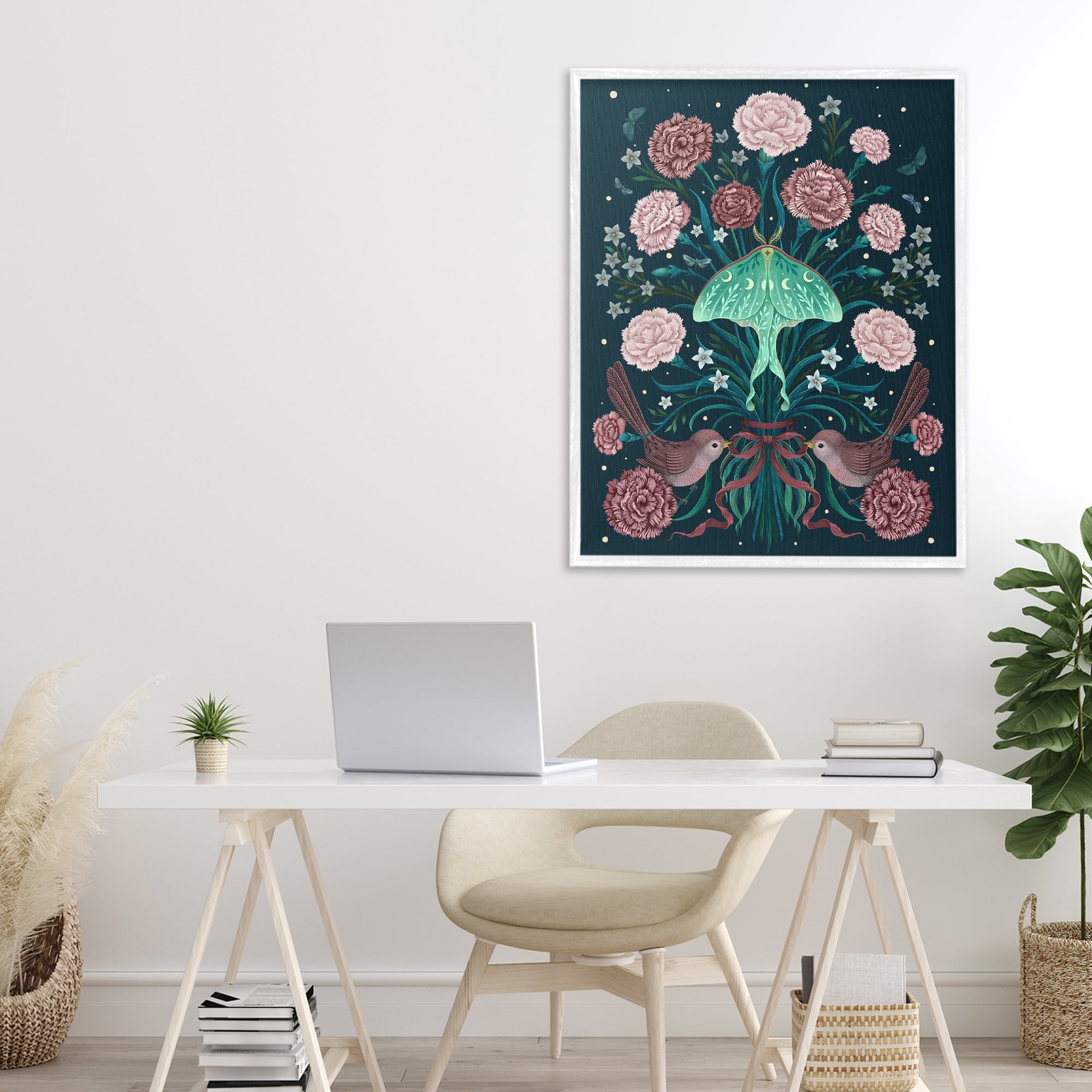 Stupell Industries January Carnations & Moth White Framed Giclee Art, design by Episodic Drawings