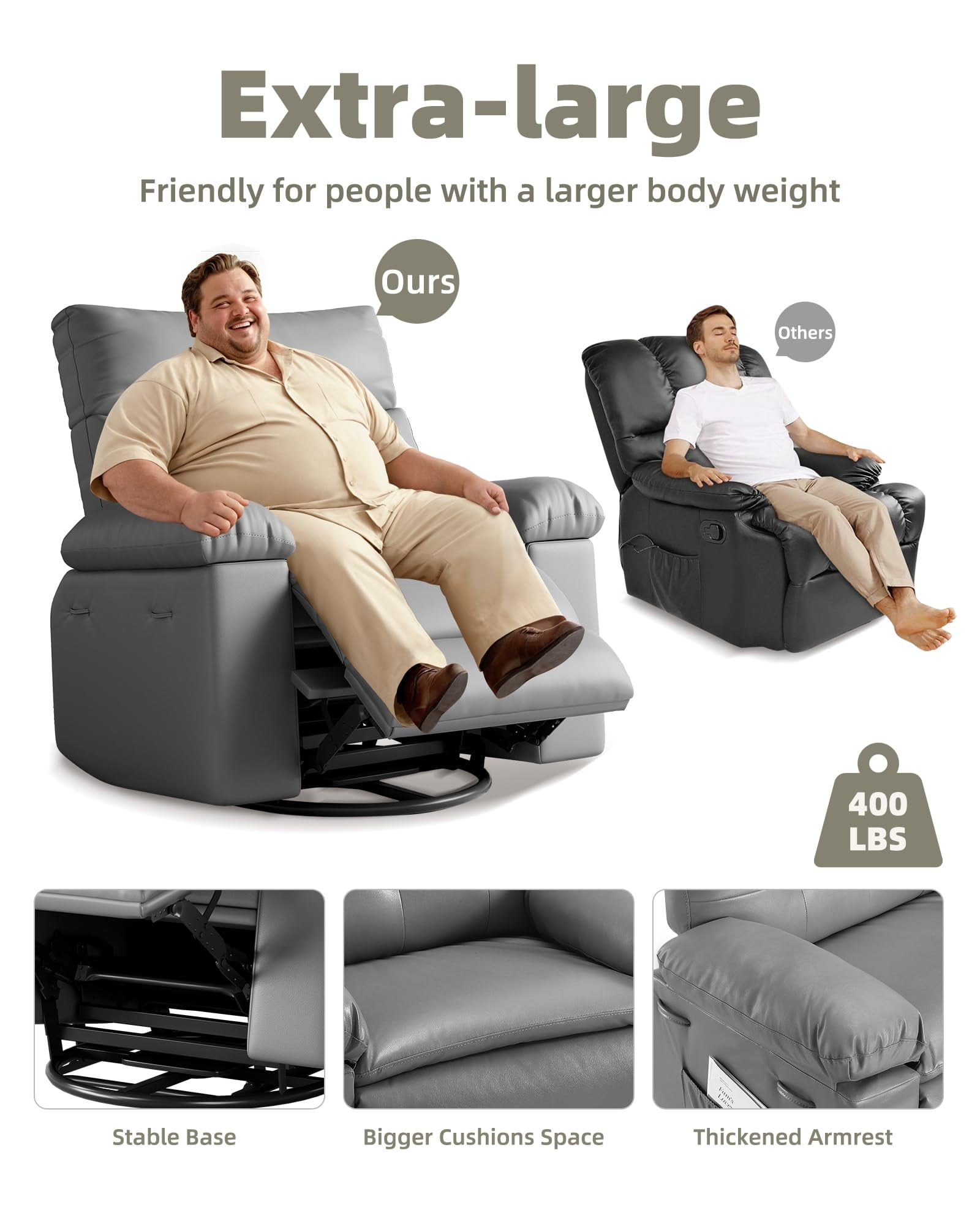 Oversized PU Leather Recliner Chair, Extra Wide Manual Recliner for Adults, Lazy Chair Single Sofa with 1.5X Sponge Comfort Arm, Thick Cushion and Back, for Living Room, Bedroom