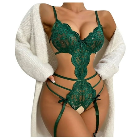 

Knosfe Lingerie for Women Lace Eyelash Crotchless Teddy Bodysuit Sexy Hollow Out Babydoll with Garter Green L