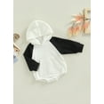 thumbnail image 3 of Qmyliery Newborn Long Sleeve Romper, Contrast Color Front Kangaroo Pocket Snap Crotch Hooded Patchwork Jumpsuit, 3 of 7