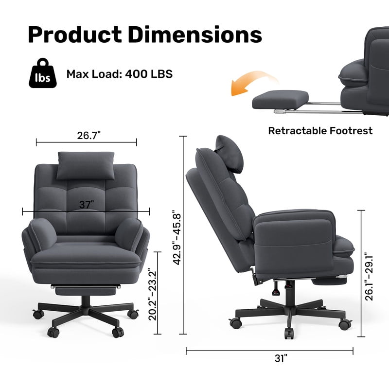Hawsaiy Big and Tall Office Chair with Footrest, Ergonomic Executive Desk Chair with Flip-Up Arms, Reclining High Back Computer Chair with Headrest & Side Pockets, Dark Gray