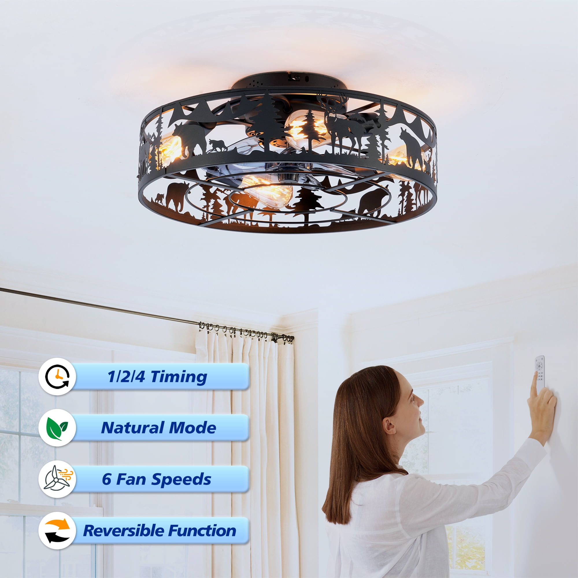 Leumius 20" Black Caged Ceiling Fans with Lights and Remote, Flush Mount Caged Ceiling Fan 6 Speed Reversible with Remote Control for Living Room Bedroom Dining Room (NOT Included Bulbs)