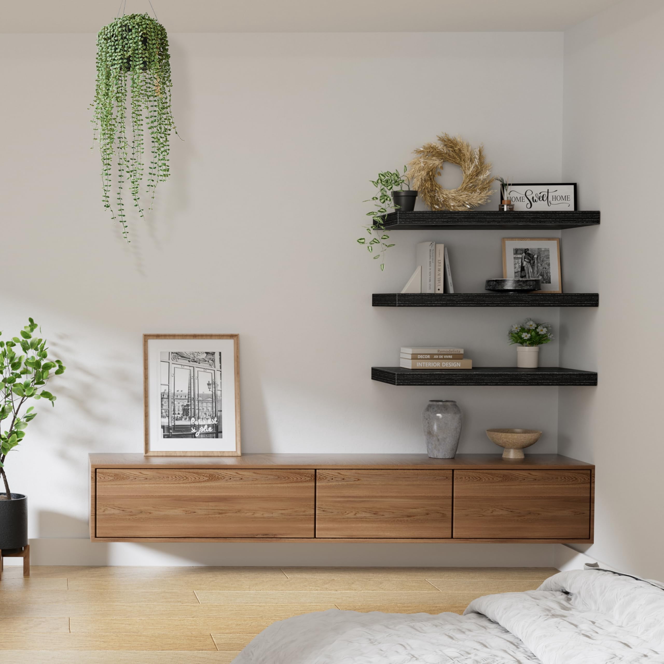 10" Deep Floating Shelves For Wall - 10 X 24 Inch Book Shelf Bathroom Bedroom Kitchen Living Room Hanging Bookshelf Farmhouse Set Of 3  Black (025-60b3)