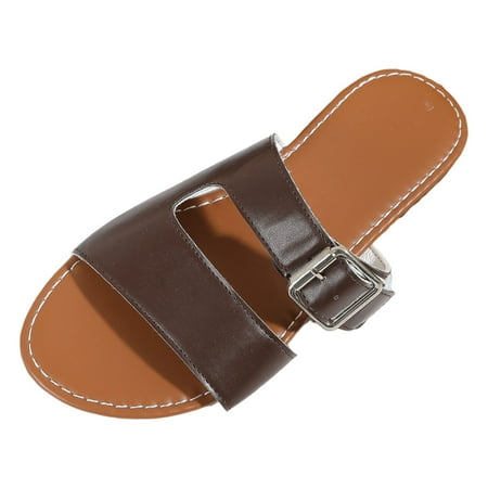 

QYZEU Cute Sandals for Women Buckle Strap Slippers Simple Color Blocking Flat Bottom Open Toe Beach Large Slippers Causal Breathable Lightweight Sandals Brown 37