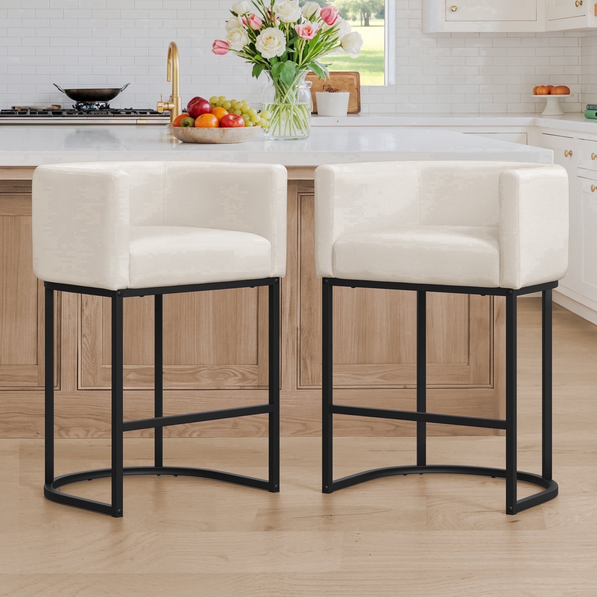 Carolayne 26" H Modern Bar Stools Set of 2 with Back, for Home Kitchen, Beige