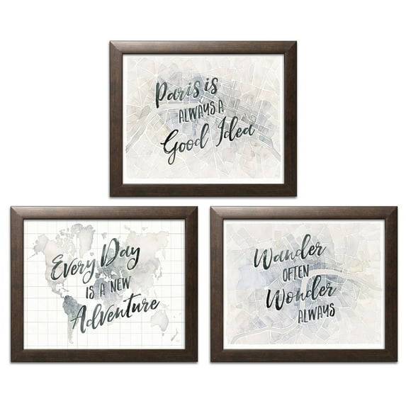 Gango Home Decor Contemporary Watercolor Wanderlust World Adventure, Paris Adventure, & London Adventure by Laura Marshall (Ready to Hang); Three 18x12in Brown Framed Prints