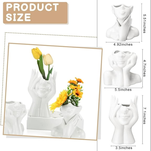 3 Pcs Ceramic Face Vase - Modern Body Vase with Female Form for Home Decor, White, Small