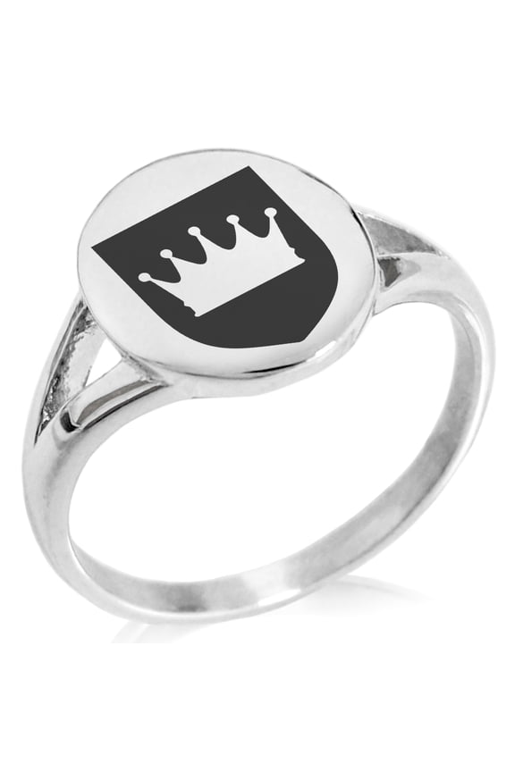 Stainless Steel Crown Royal Coat of Arms Shield Minimalist Oval Top Polished Statement Signet Ring