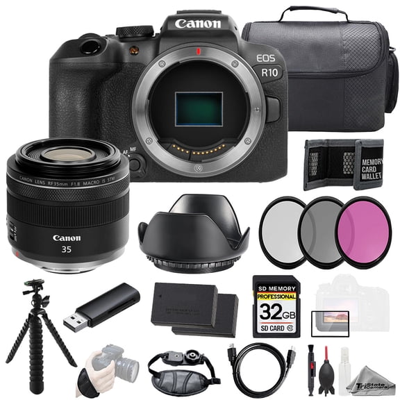 Canon EOS R10 Camera   RF 35mm f/1.8 Macro IS STM Lens  32GB   Ext Bat  3 PC Filter- Kit (International Version)