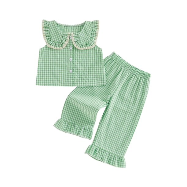 Conjunto de 2 piezas para niñas pequeñas: top sin mangas con cuello de muñeca y estampado a cuadros, y pantalón con cintura elástica.