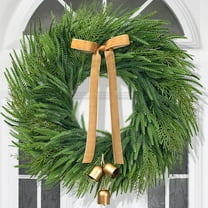 Guvpev 2Pcs Artificial Norfolk Pine Christmas Wreath for Front Door, 24" Real Touch Christmas Wreaths with Bow & Bell, Reusable Large Greenery Wreath for Wall Window Mantel Indoor Outdoor Xmas Decor