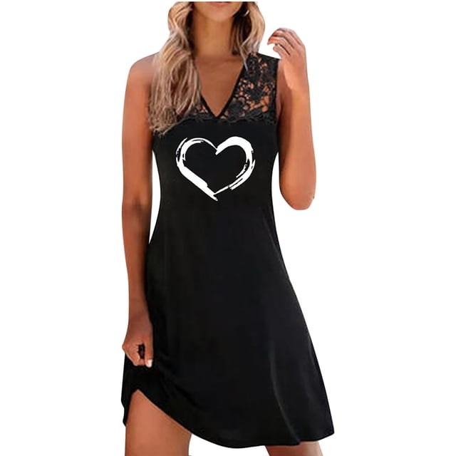 Robe d'Été Décontractée Confortable pour Femmes Sans Manches Imprimé Cœur Robe de Plage Coupe Ample Robe en Dentelle