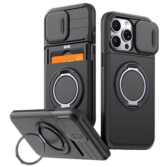 Compatible with iPhone 16 Pro Case, Card Holder Phone Cover with Sliding Camera Protection, Adjustable Ring Stand, Drop Resistant Shockproof Protective Case, Black