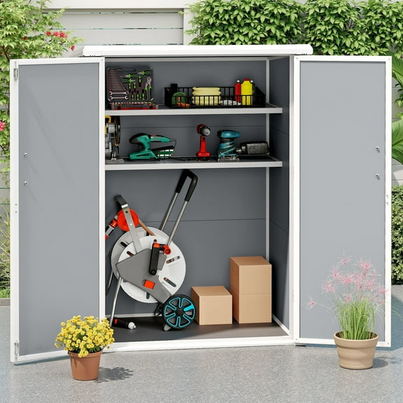 Dextrus 60 Cu.Ft Outdoor Storage Shed, Weatherproof Tall Plastic Cabinet w/ Shelves, Lockable, Gray