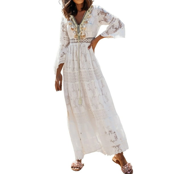 Vestido acampanado con paneles de encaje y flecos - Poliéster elástico, cintura imperio - Informal/Elegante - S-XL