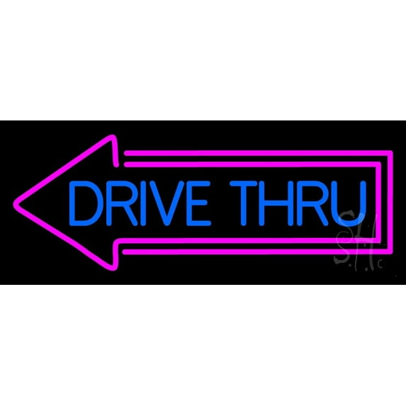 Blue Drive Thru With Pink Arrow LED Neon Sign 10 x 24 - inches, Clear Edge Cut Acrylic Backing, with Dimmer - Bright and Premium built indoor LED Neon Sign for restaurant window and interior decor.