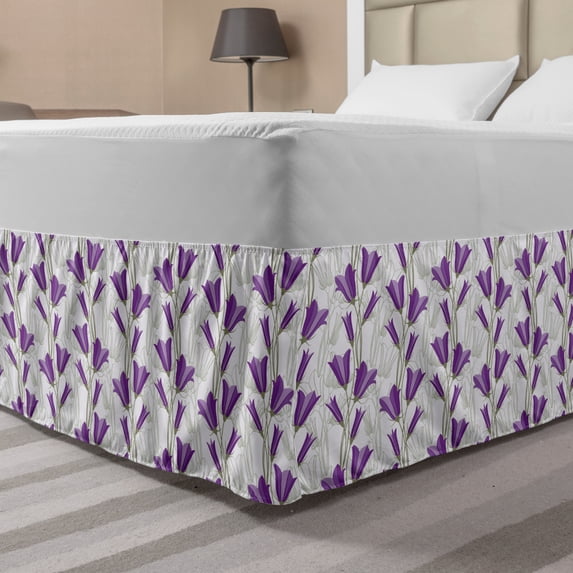 Art Nouveau Bed Skirt, Inspirational Bluebells Botany Bouquet Beauty Essence of Nature Theme, Elastic Bedskirt Dust Ruffle Wrap Around for Bedding Decor, 4 Sizes, Reseda Green Violet, by Ambesonne