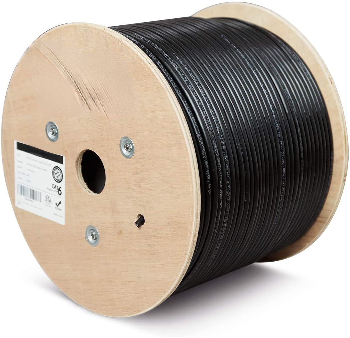 CAT6 Outdoor Cable 1000ft 23AWG Solid Bare Copper Unshielded Twisted Pair  (UTP) UV Resistant Weatherproof Waterproof CMX ETL Listed 550MHz Bulk  Ethernet Cable Wooden Spool- Bla