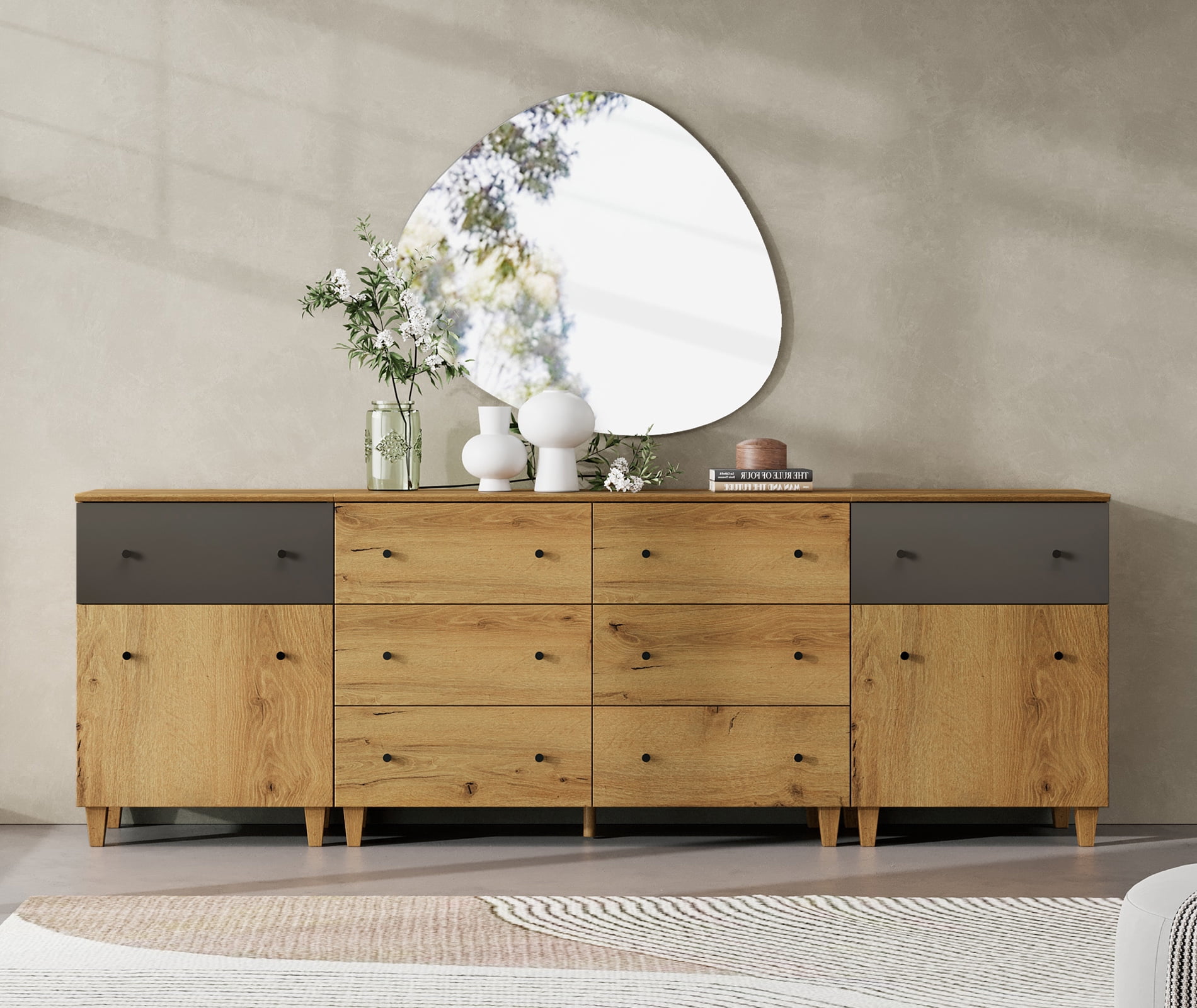 WAMPAT 8 Drawers Dresser with 2 Cabinets for Bedroom, 3-in-1 Modern Wooden Chest of Drawers, 94" Wide, Oak Brown Wood Finish