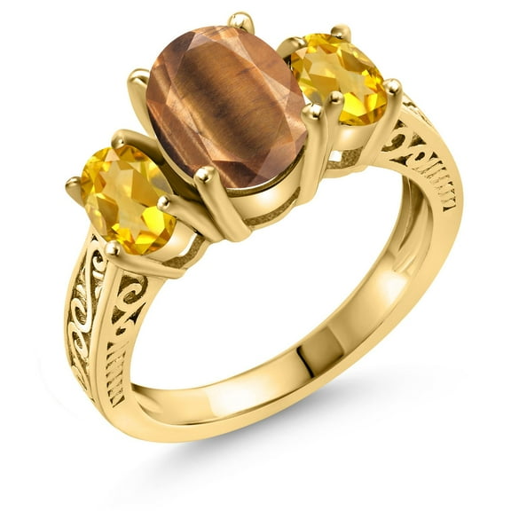 Gem Stone King 2.40 Ct Oval Brown Tiger Eye Yellow Citrine 18K Yellow Gold Plated Silver Ring (Size 7)