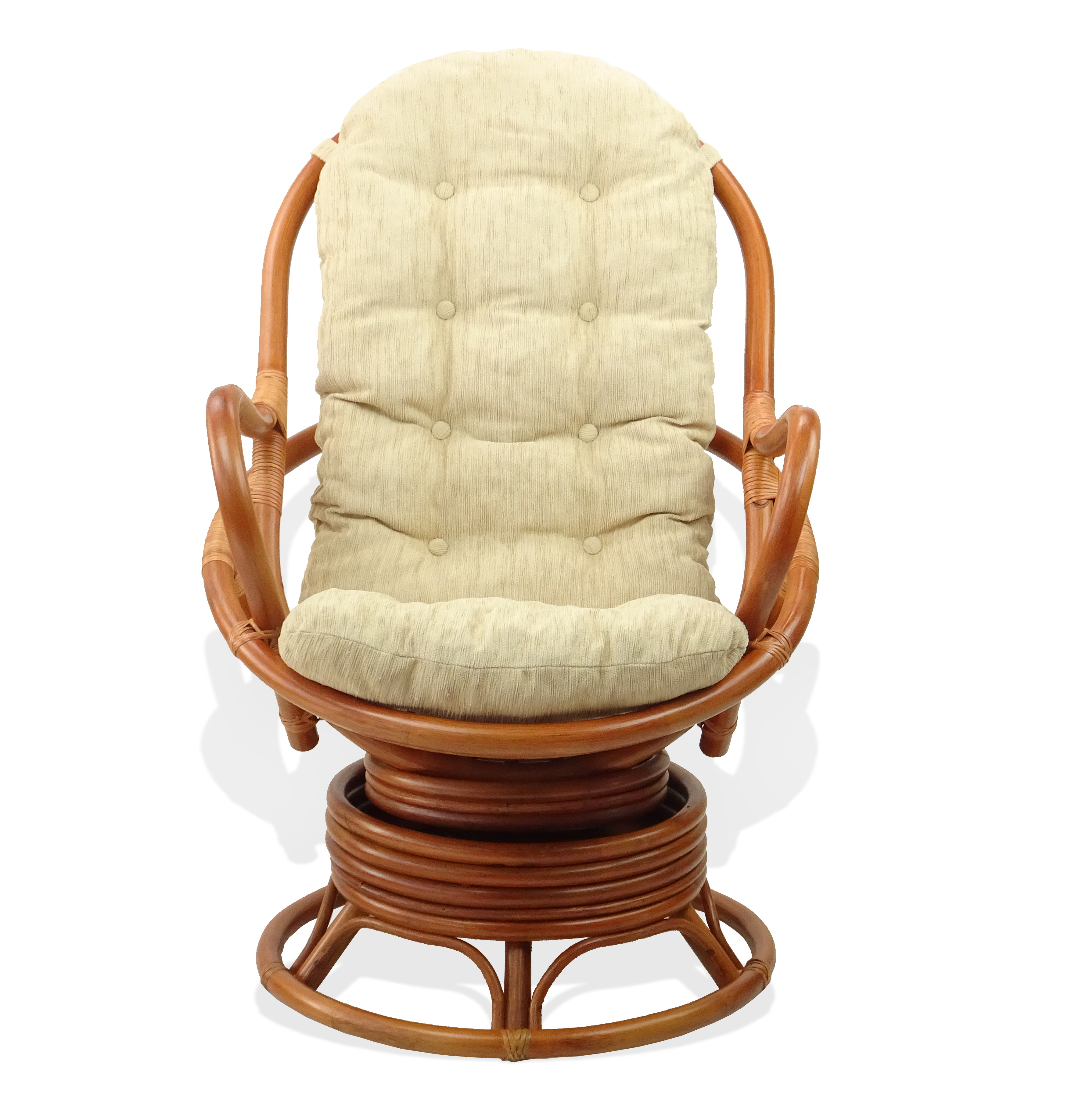 SK New Interiors Set of Swivel Rocking Lounge Java Chair Natural Rattan Wicker Handmade w/Cream Cushions and Round Coffee Table w/Glass, Colonial - image 5 of 7