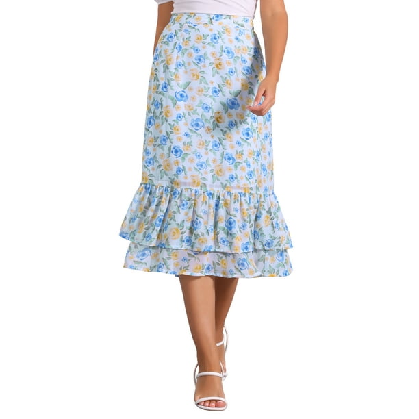 Faldas de gasa para mujer Inspire Chic, con cintura elástica, volantes, en capas, florales, fluidas, midi, XL, azul y beige-floral
